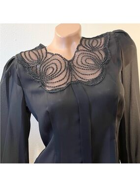 Vintage Black Sheer Blouse with Embroidered Neckline